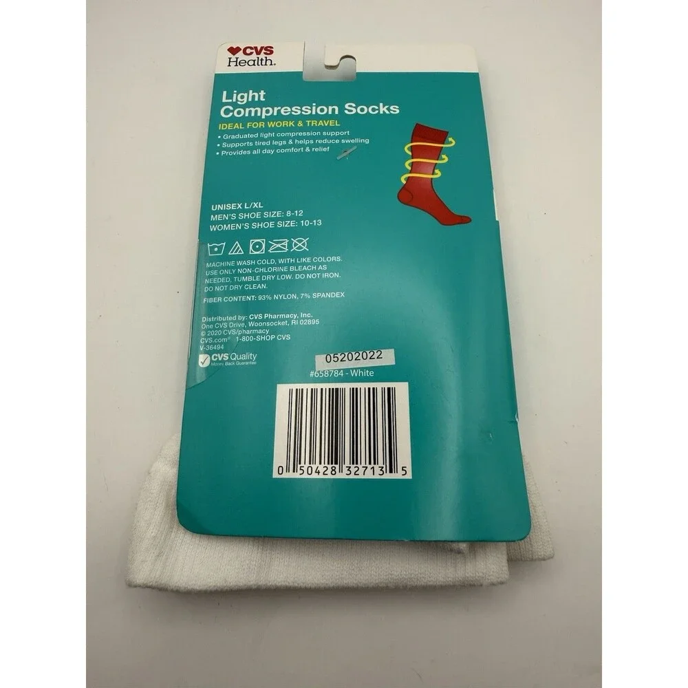 CVS Health Light Compression Socks White L/XL 8-15 mmHg Unisex New
